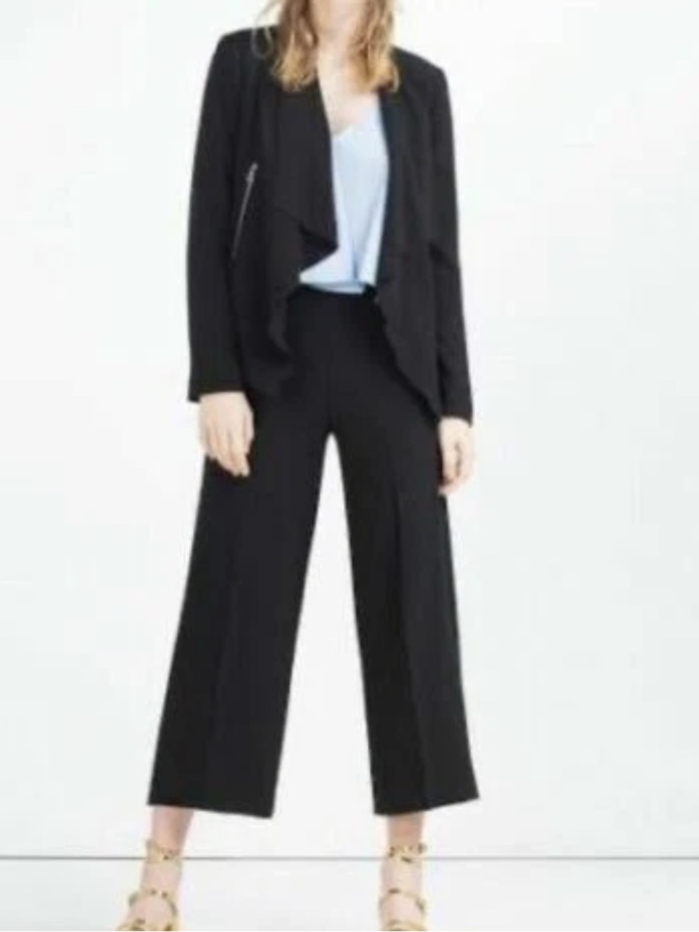 Zara Black Draped Open-Front Blazer with Zip Pocket Details Sz M